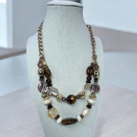 Gold Tone 2 Strands Mix Beads Necklace Glass, Mother of Pearl in Brown & White - Picture 2 of 6